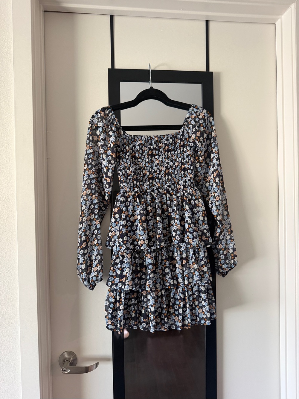 Madden Girl Black Floral Smocked Tiered Long-Sleeve Dress